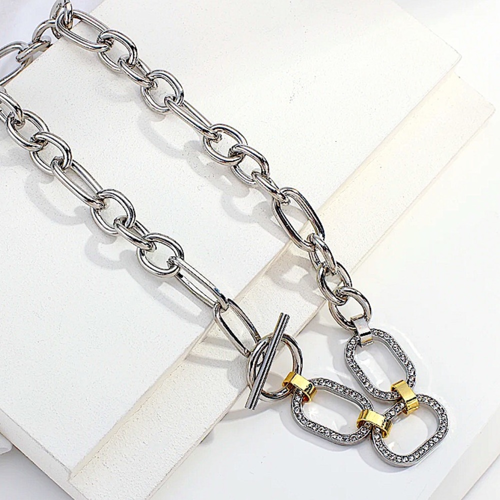 Silver Crystal Chain Link Punk Statement Necklace - Picture 10 of 12
